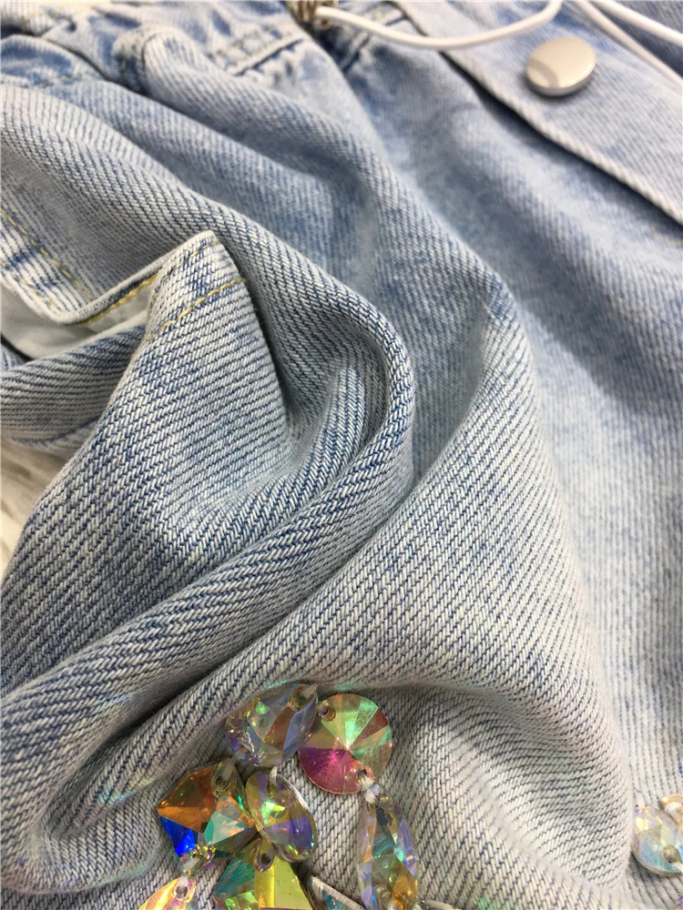 Short Jeans Women 2023 Summer A- Line Shorts Heavy Industry Beads Jeans Female Light Blue Elastic Waist Wide-Leg Pants Female