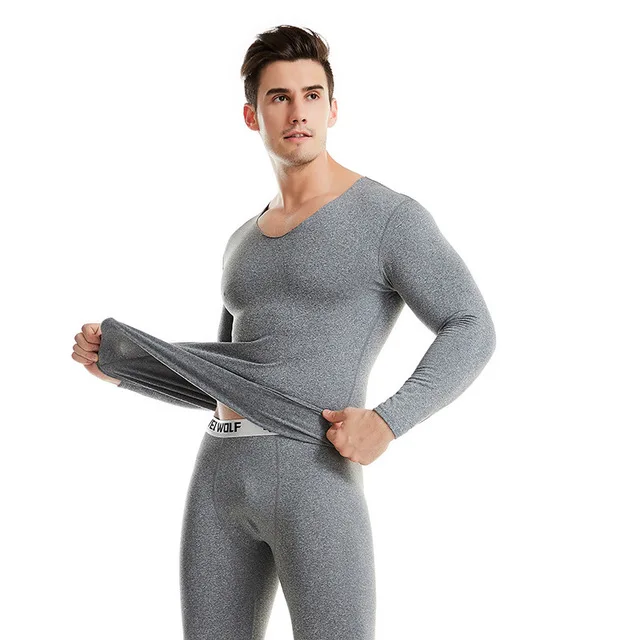 High Quality Long johns men thermal underwear sets thin fleece elastic material soft V-neck undershirt+underpants size L to 4XL