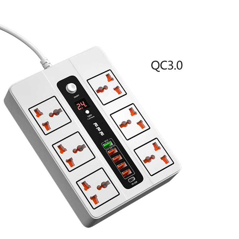 

6 Ports 20W PD QC3.0 USB Fast Charger Type C Quick Charge Station Adapter 3000W 6 AC Outlets Power Strip for iPhone 12 Samsung