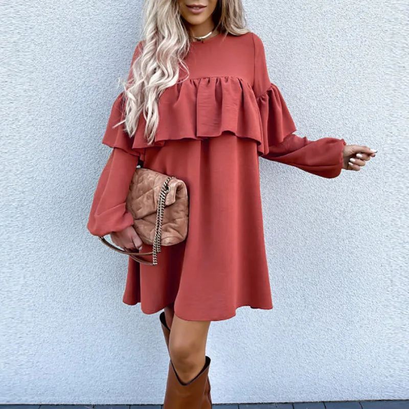 

2022 Spring Casual Round Neck Ruffle Party Dress Women Elegant Solid Slimple Office Mini Dress Autumn Long Sleeve Loose Dresses