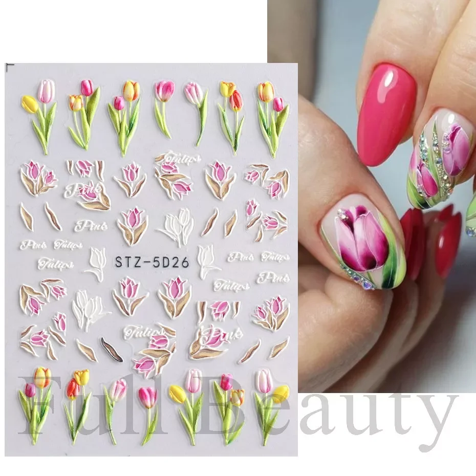 

2022NEW Tulips Spring Nail Stickers Engraved Floral Green Leaf Decals Summer Sliders Nail Art Decortion Netherlands Flower LASTZ