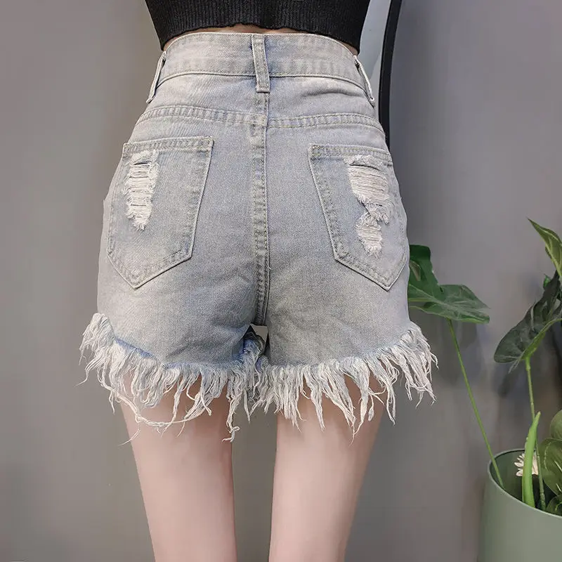 Summer Shorts Heavy Industry Jeans New Solid Color High Waist Beading Hole Button Pocket Raw Edge Hot Pants Female Clothing
