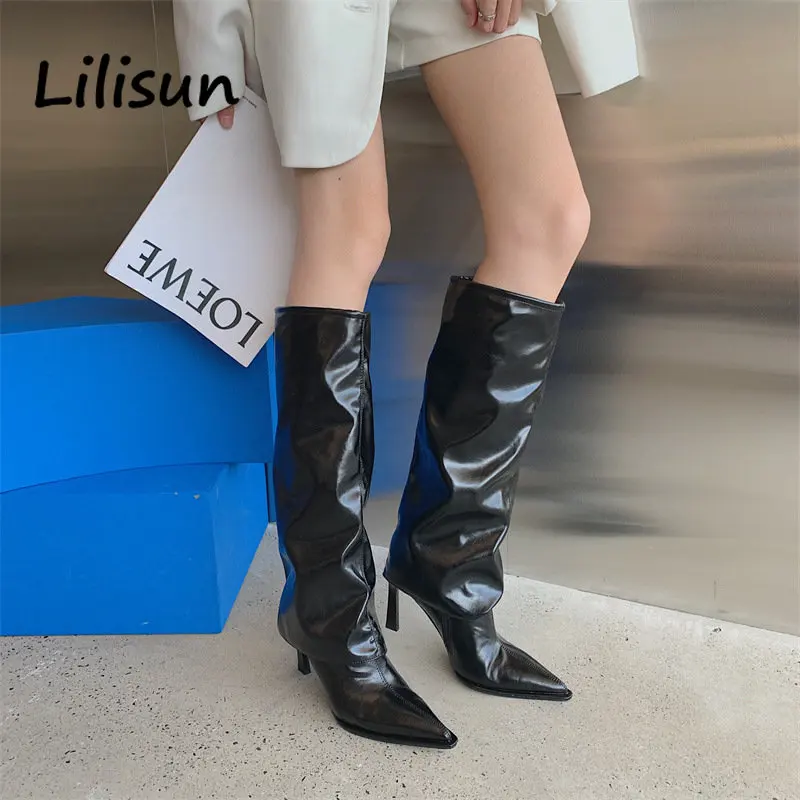 

Knee High Leg Boots for Women Pointed Toe Stiletto Heels Autumn Winter Shoes Ladies Patent Black Knight Long Boots Botines Mujer