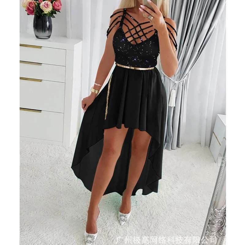 

New Summer Dress Women Sexy Solid Slim Pleated Stitching Dress Women V-neck Spaghetti Strap Openwork Backless Irregular Dress