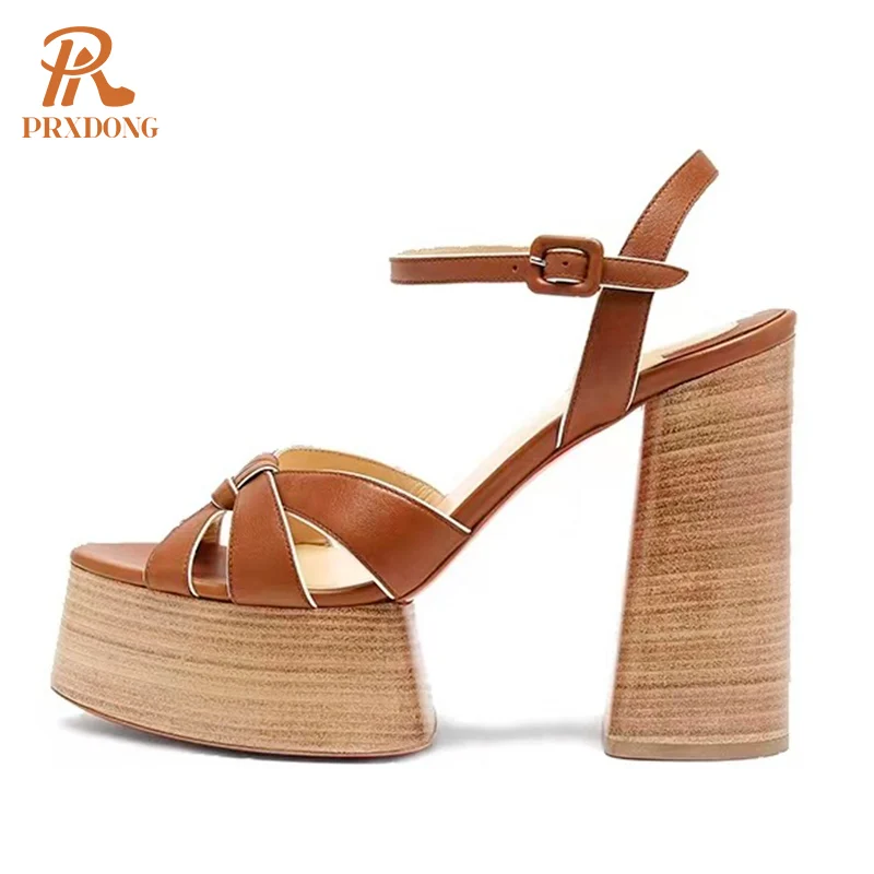 

Women‘s 2022 New Fashion Genuine Leather Buckle Ankle Strap Platform Solid Square High heels Handmade Shoes Female Sandals us8