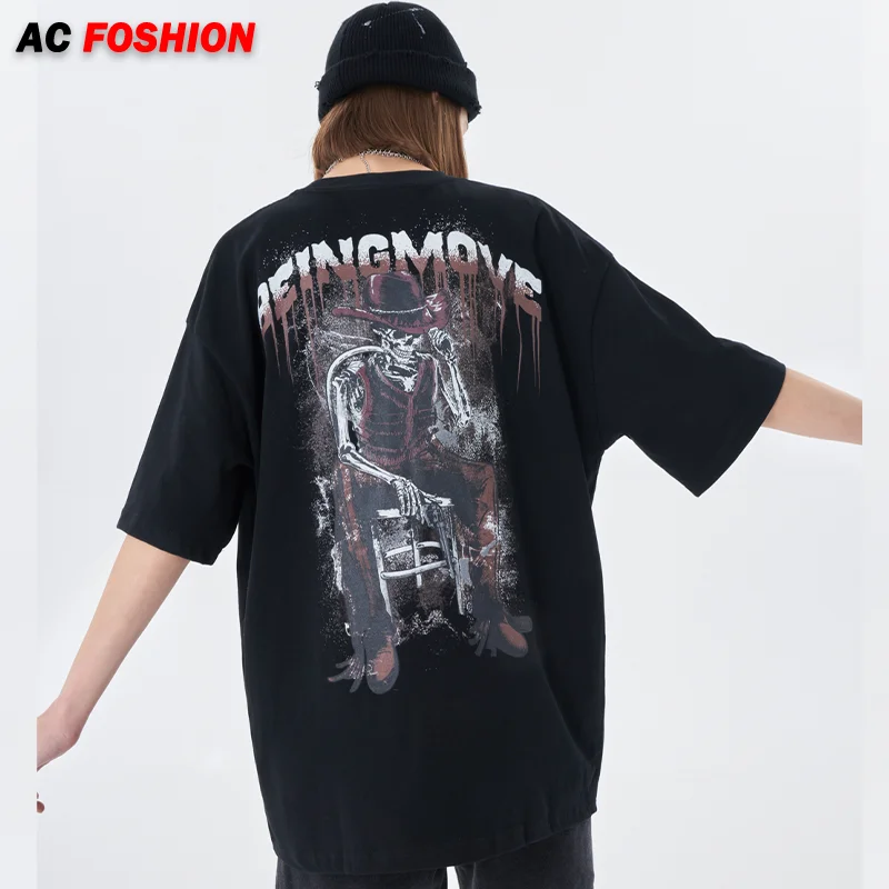 

Men T Shirts Hip Hop Oversized T-shirt Men Cotton Retro Tops Harajuku Vintage Skull Print Tshirt Streetwear Summer Male Clothes