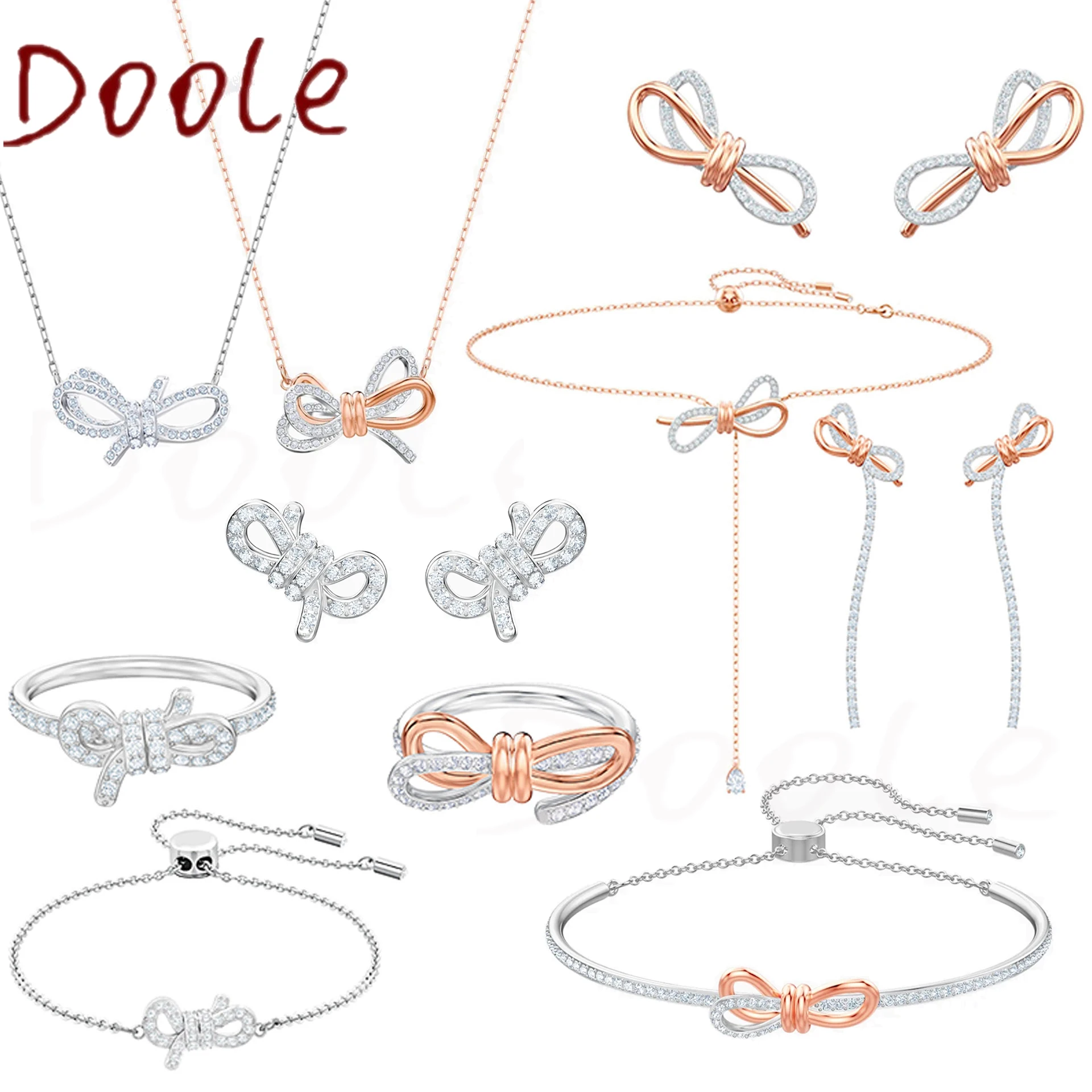 

2022 SWA High Quality Fashion Jewelry Set Exquisite Crystal Bow Women's Necklace Ring Earring Bracelet Romantic Gift