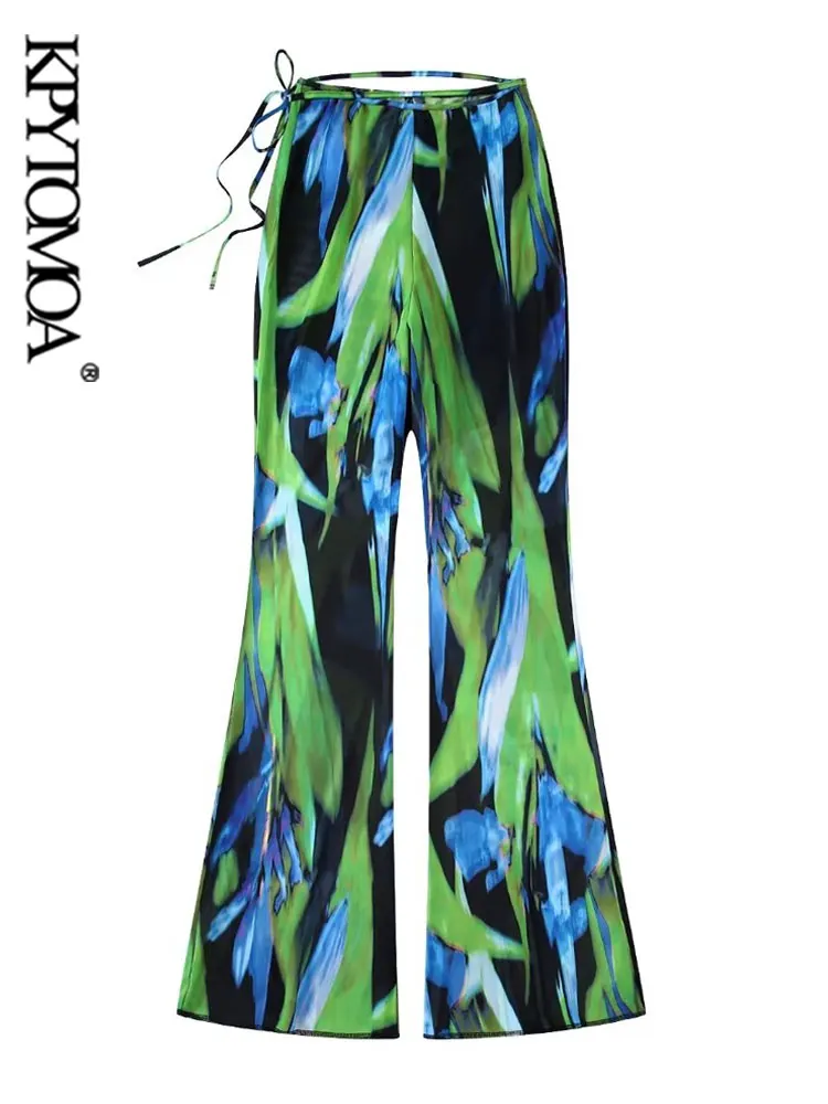 

KPYTOMOA Women Fashion With Tied Printed Tulle Pants Vintage High Waist With Elastic Waistband Female Trousers Mujer