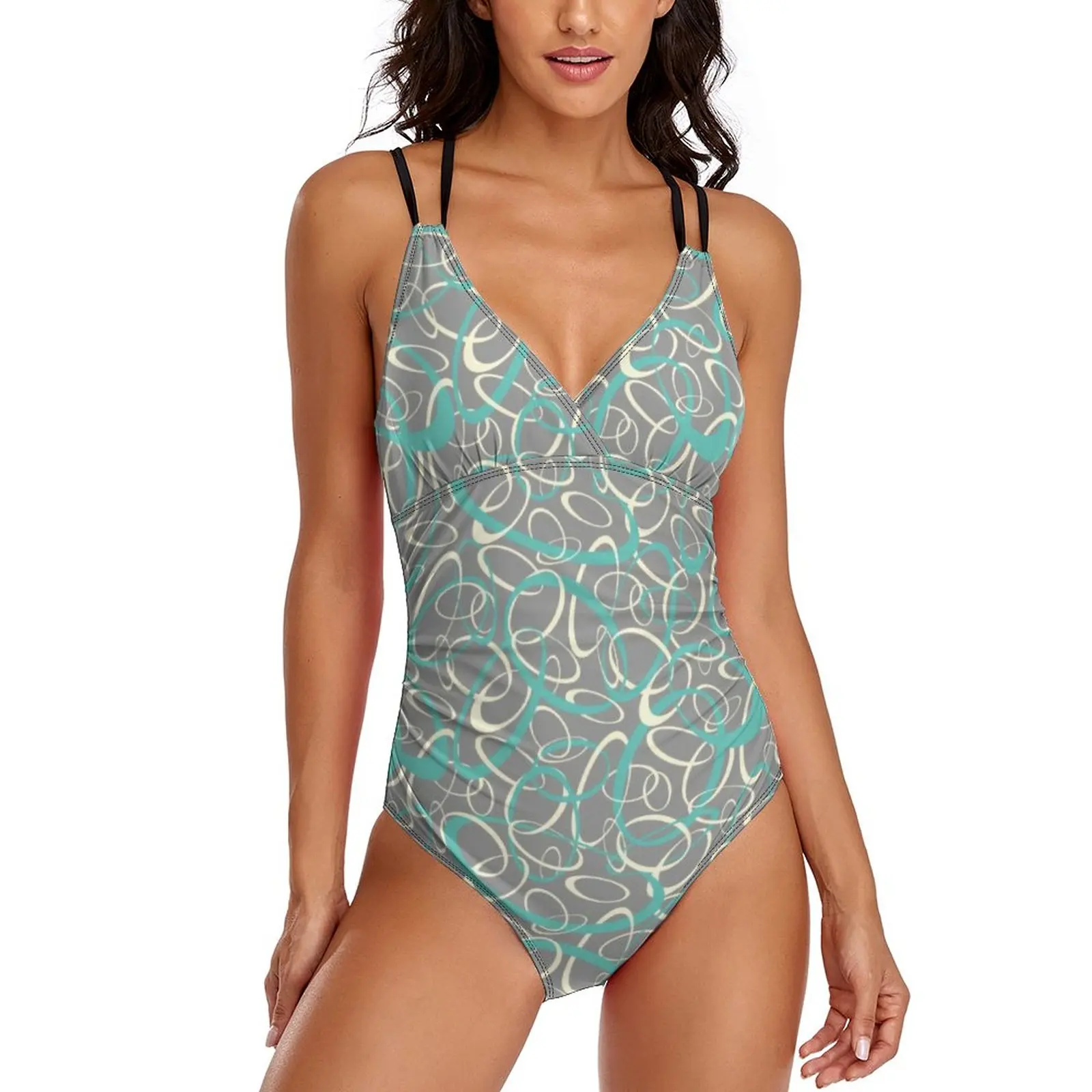 

Gray Retro Mod Swimsuit Loops Geometric Pattern Swimwear One-Piece Bathing Suits Sexy Retro Swim Bodysuit Plus Size XXL