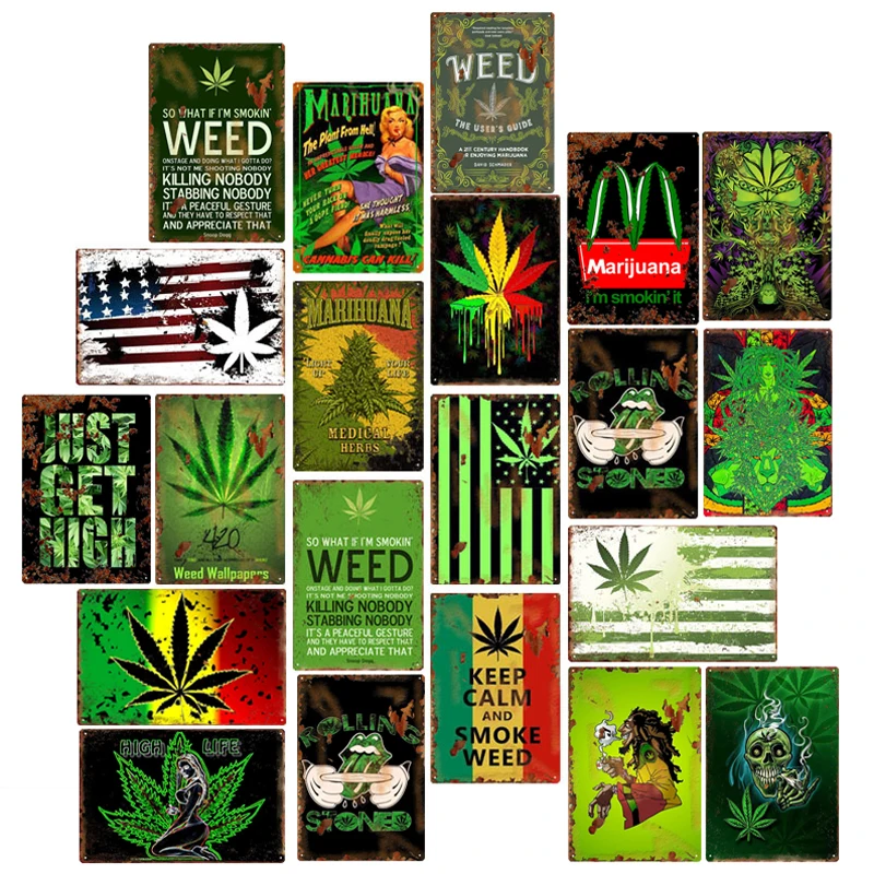 

Keep Calm Smoke Weed Warning Signs Green Background Vintage Metal Tin Sign Plate Print Painting Wall Plaque Decor For Bar Garage