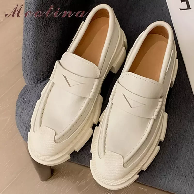 

2022New Meotina Women Loafers Shoes Genuine Leather Thick Heels Pumps Round Toe Causal Med Heel Ladies Footwear Spring Autumn Bl