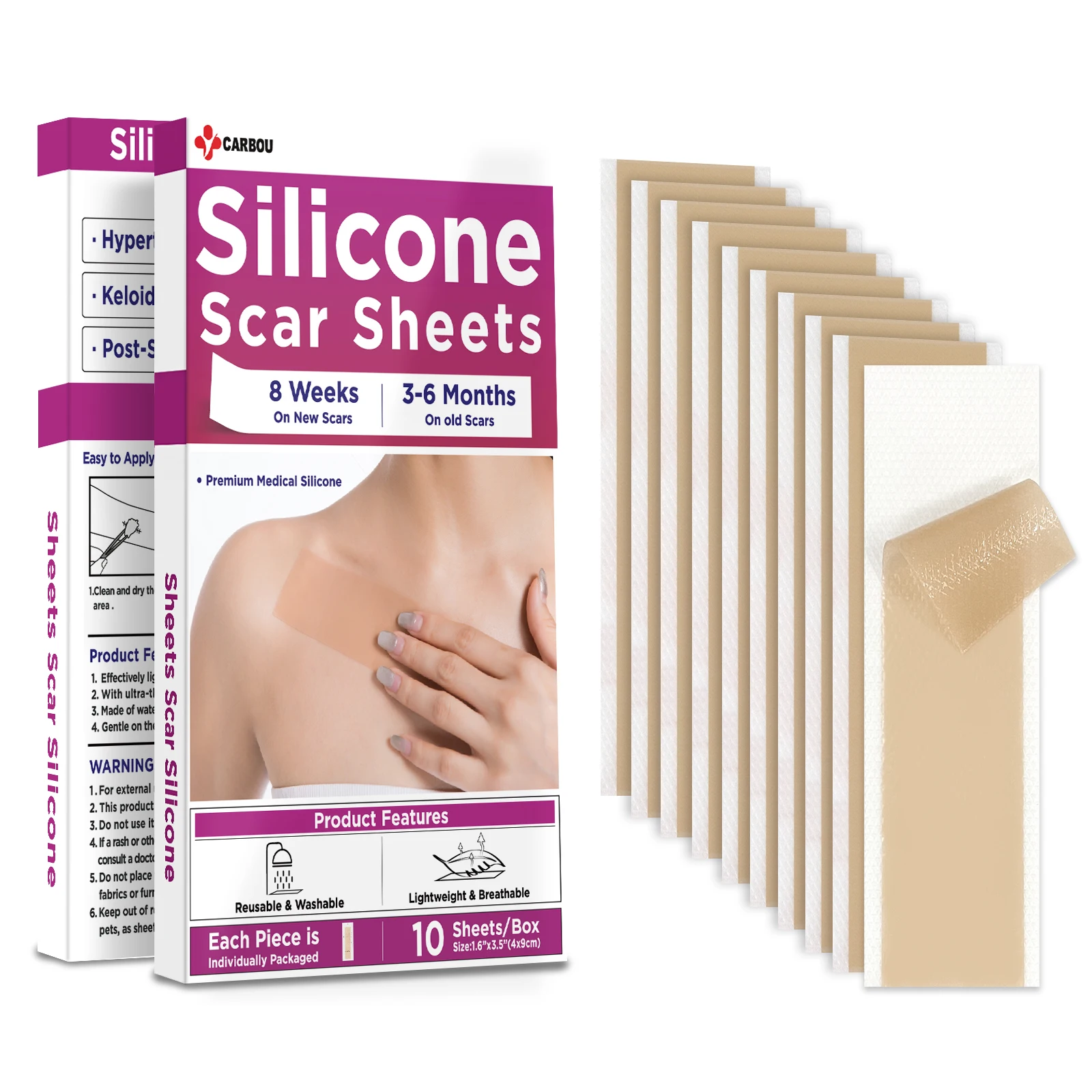 10pcs1.6"x 3.5"/7"Silicone Scar Sheets ,Soft Silicone Scar Strips for Scars Treatment