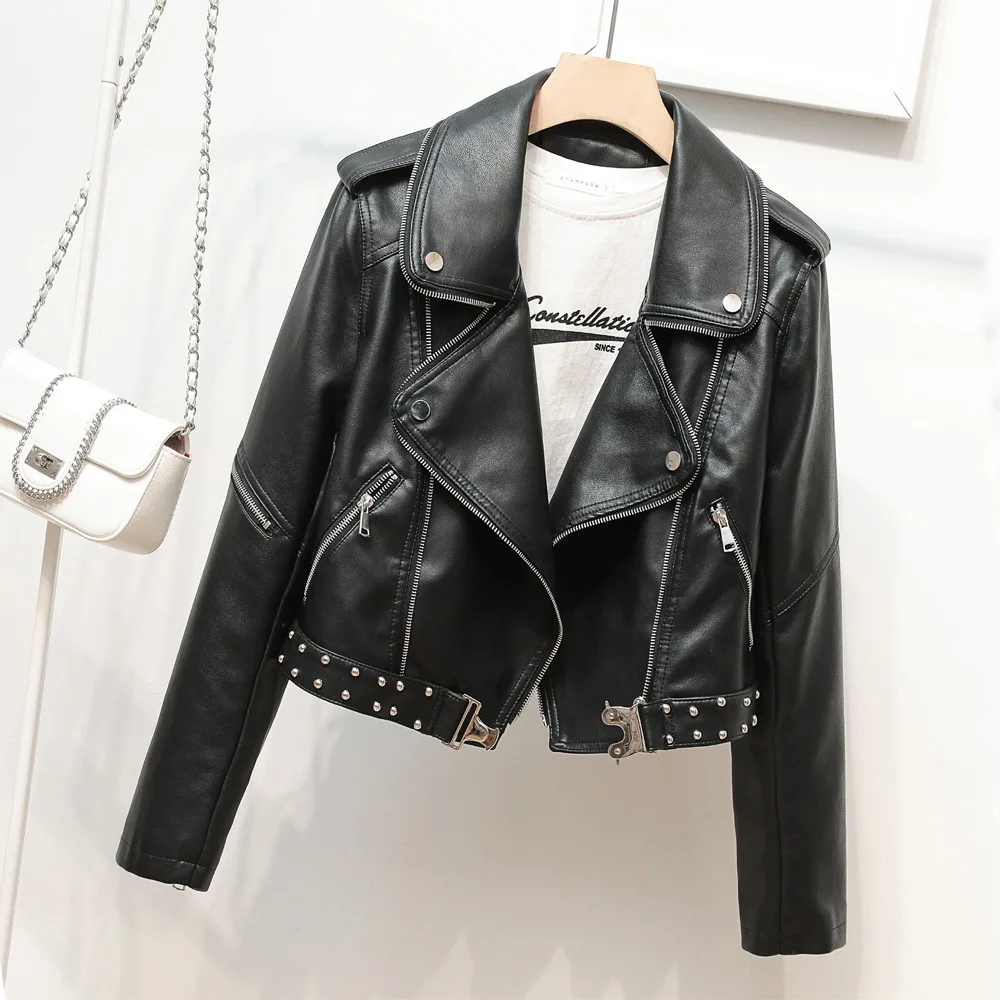 2023 New belt riveted heavy industry zipper decorative lapel women's leather jacket epaulettes leather jacket