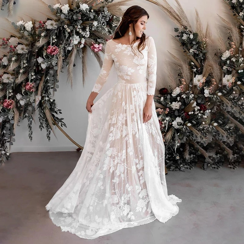 

Fashion A-Line O-Neck Wedding Dress 2022 Elegant Long Sleeve Lace Appliques Bridal Gown Backless Tulle Train Vestido De Noiva
