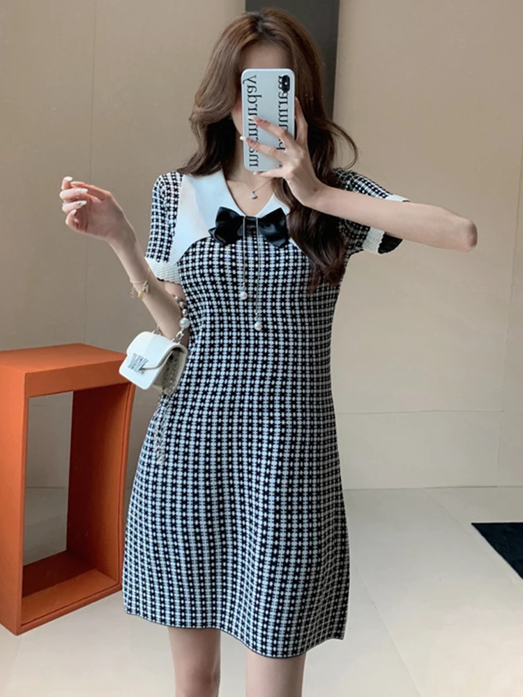 

Elegant Women Evening Dress Sweet Casual Plaid Bow Short Sleeve Mini Party Gown Coffee Break Girl Femme Mujer Vestidos Summer