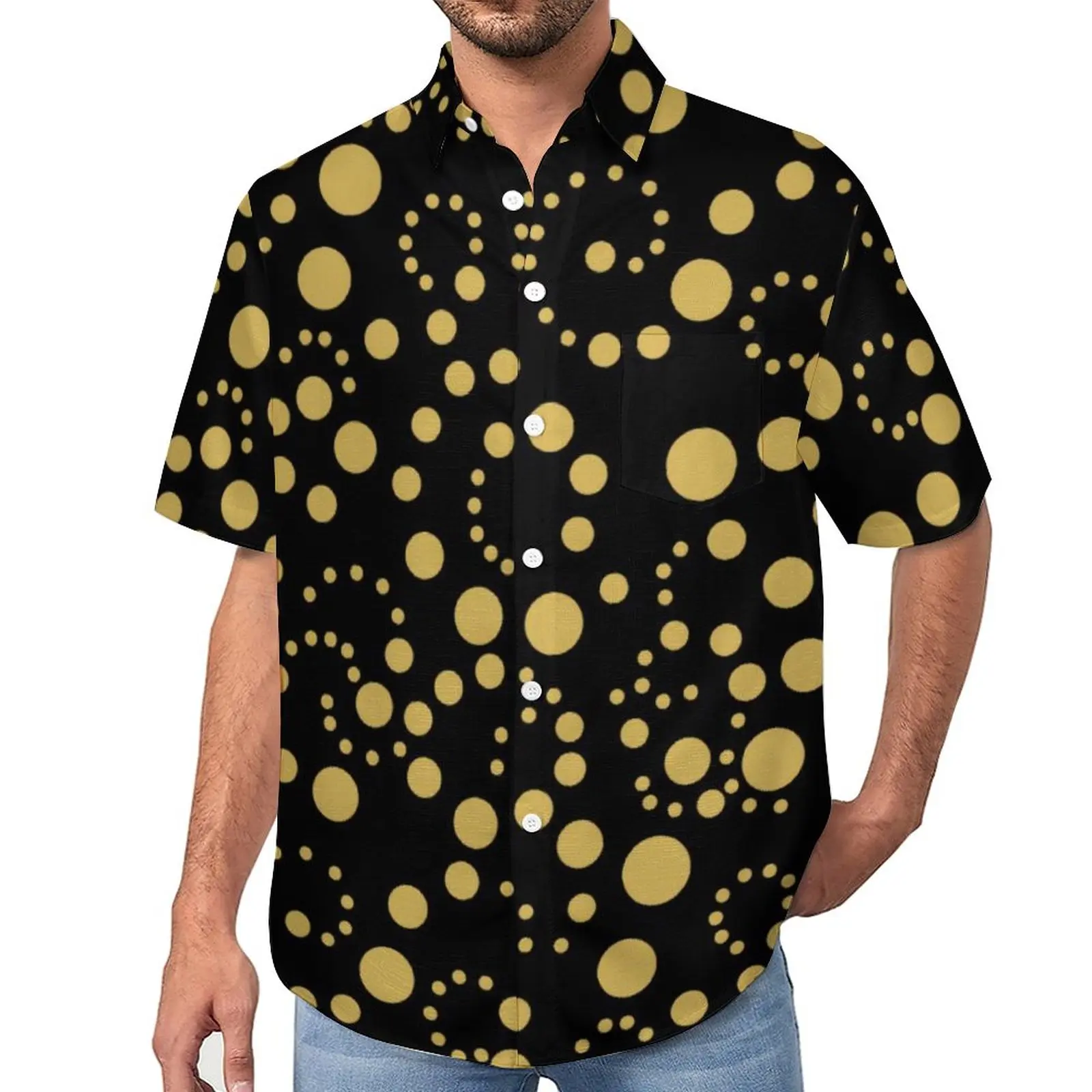 

Gold Polka Dot Casual Shirt Spots Print Vacation Loose Shirt Hawaii Fashion Blouses Short Sleeve Printed Oversize Tops