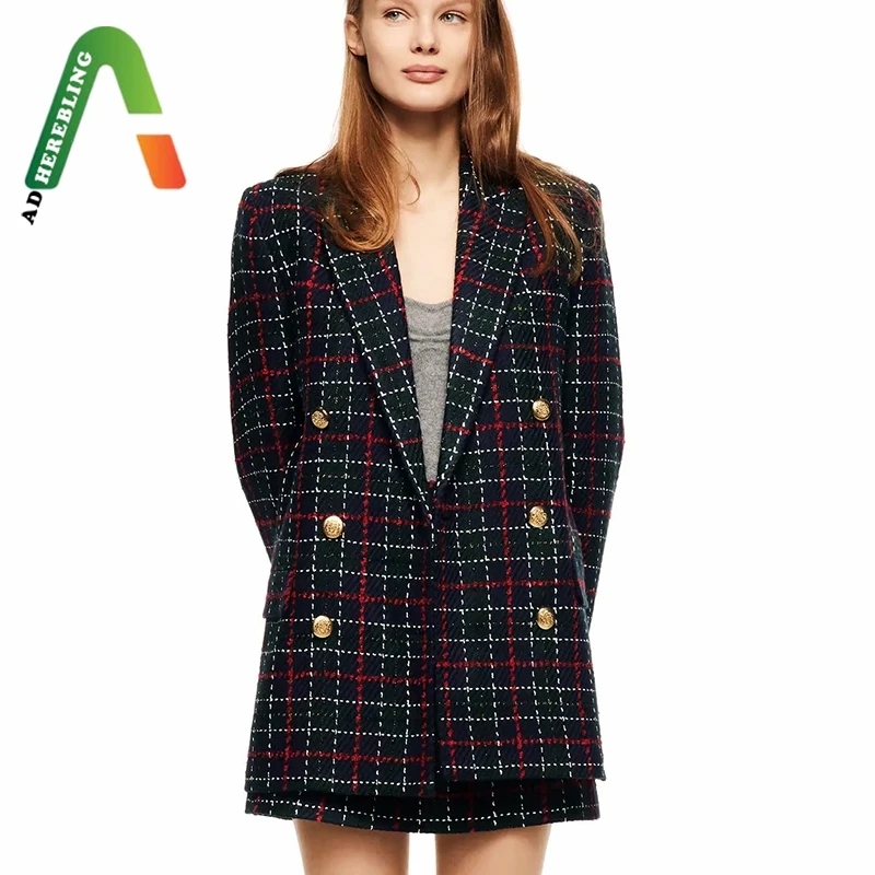 Женский костюм-двойка в клетку Adherebling деловой костюм с двубортным блейзером и