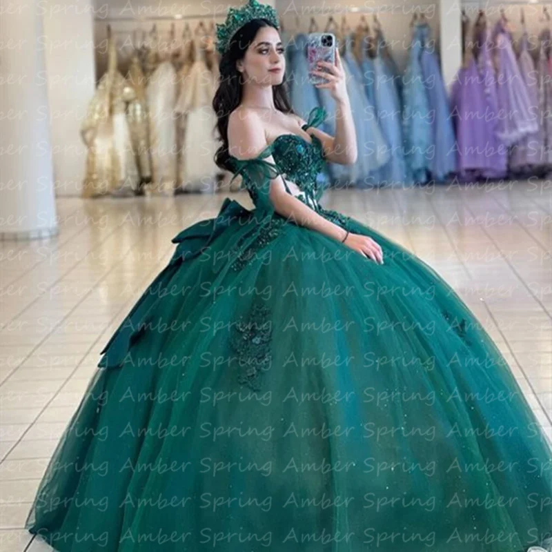 

Милое темно-зеленое платье для девушек, бальное платье принцессы с 3D цветами, блестящие платья на день рождения и выпускной, дизайнерская одежда с 15 открытыми косточками