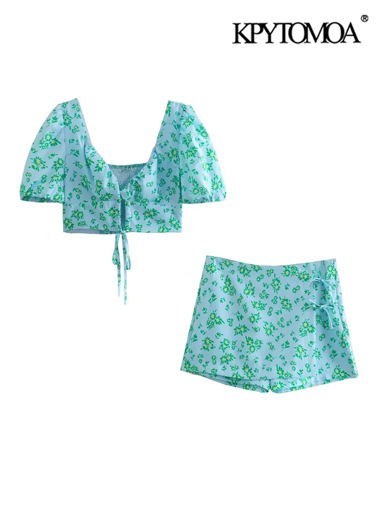 

KPYTOMOA Женская мода с принтом Блузки и шорты с высокой талией с боковой молнией женские комплекты Mujer