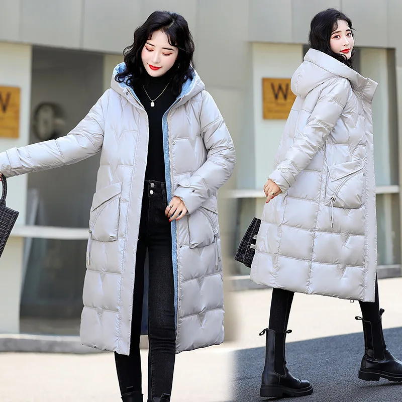 New Glossy Parka Coat Women's Fashion Thicken Winter Hooded Loose Long Jacket Female Windproof Rainproof Warm Outwear