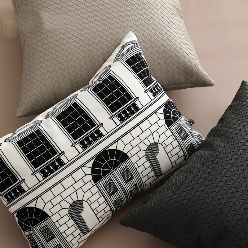 

DUNXDECO Art Home Cushion Cover Decorative Pillow Case Retro Simple White Black Town House Print Velvet Soft Sofa Chair Coussin