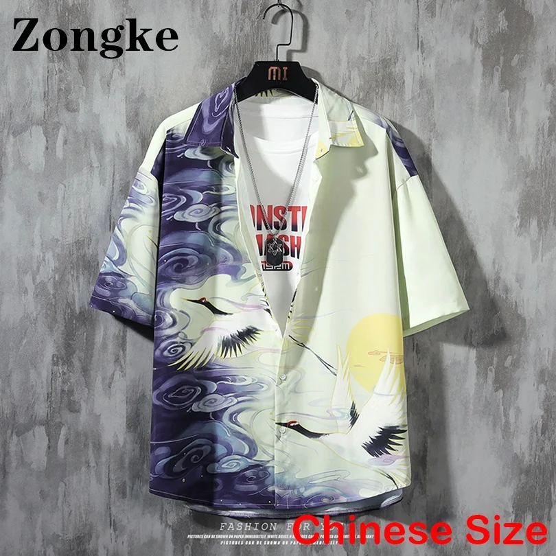 

Zongke Crane Print Summer Shirt Men Clothes Chinese Size 4XL Casual Shirts For Men Streetwear Harajuku 2022 New Arrivals