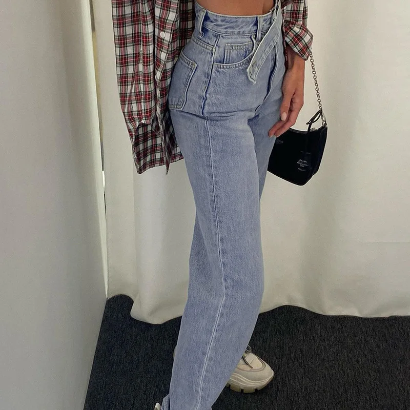 Women Straight Leg Trousers Irregular Belt High Waisted Jeans Spring Autumn Fashion Boyfriend Casual Loose Harajuku Denim Pants