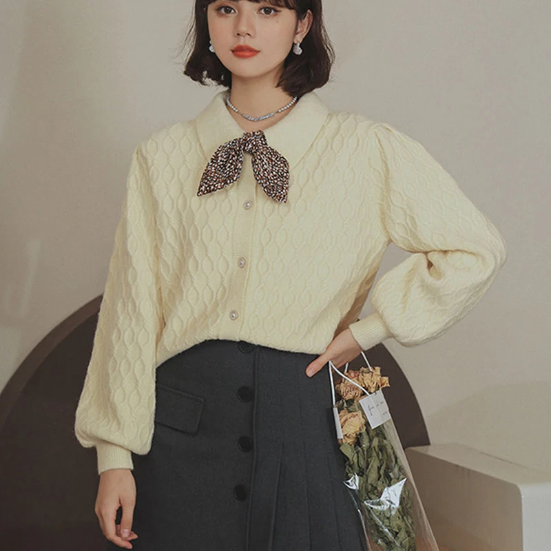 

ZELI 2022 Autumn Knitted Cardigans Sweater Women Fall Korean Harajuku Vintage Long Sleeve Coat Loose Doll Collar Female Tops