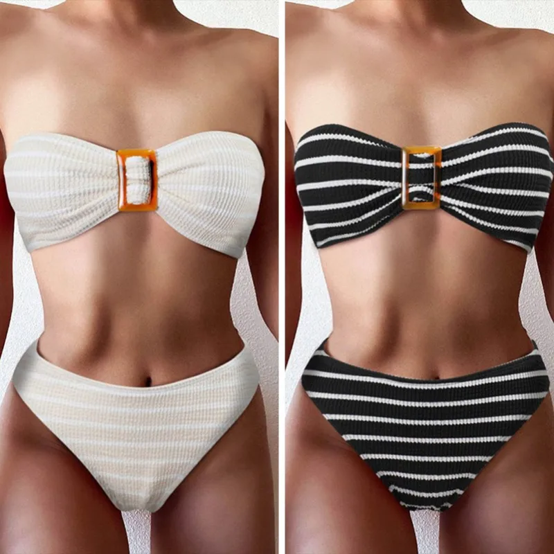 

Комплект бикини женский летний, купальный костюм из 2 предметов, пикантная плиссированная пляжная одежда на бретелях-спагетти с открытой спиной в Корейском стиле Ins, Шикарная высокая талия