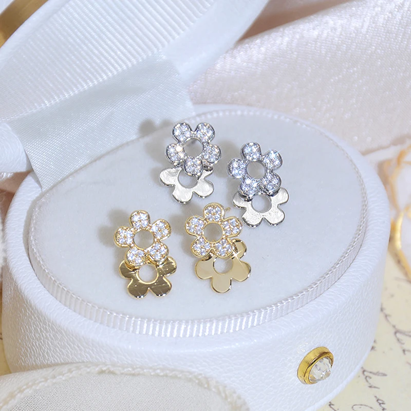 

Trendy Exquisite 14k Gold Plated Cute Little Flowers Earrings for Women Girl Temperament Jewelry Zircon S925 Silver Needle Stud