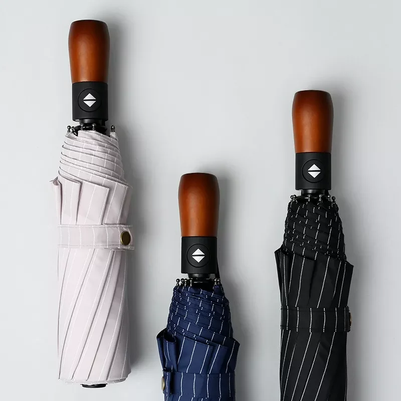 

Fully Automatic Solid Wood Handle Umbrella Ten Bones Windproof Umbrella Tri-fold Sunny Rainumbrella Male High Quality Umbrella