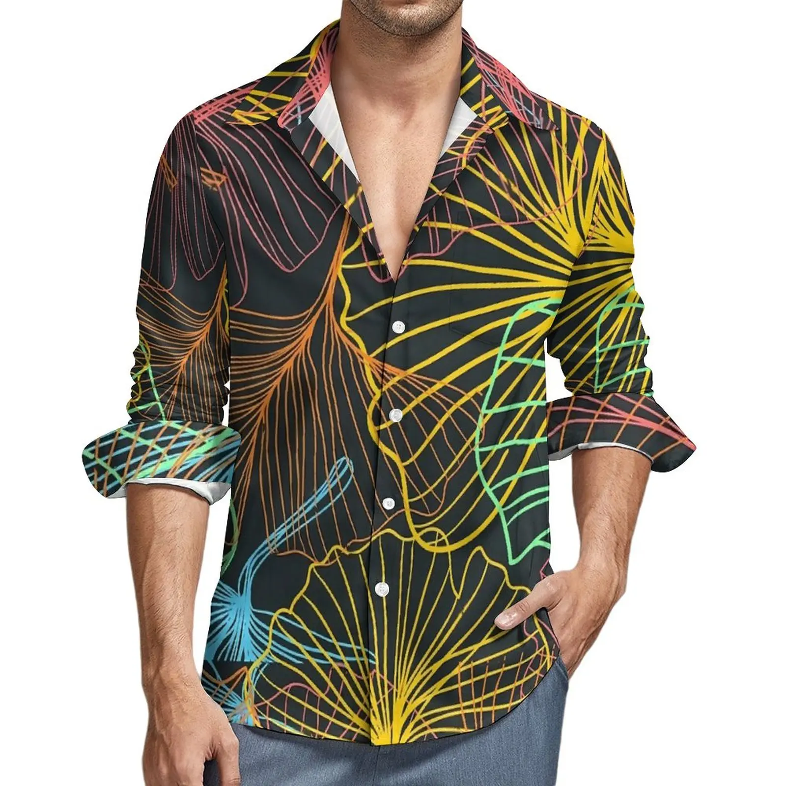 

Ginkgo Biloba Shirt Man Super Leaves Print Casual Shirts Autumn Streetwear Graphic Blouses Long Sleeve Novelty Oversized Clothes