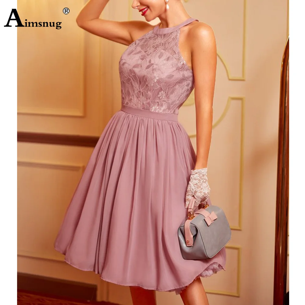 

Women's Solid Halter Chiffon Party Evening Dress Women Elegant Knee-Length Dresses Female Partchwork Lace Dress Clothing 2023