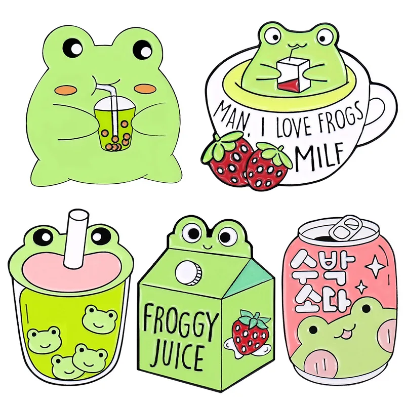 Cartoon Cute Animal Green Frog Enamel Brooch Strawberry Milk Pop Can Drink Coffee Alloy Pins Badge Fashion Jewelry Gift For Kid images - 6
