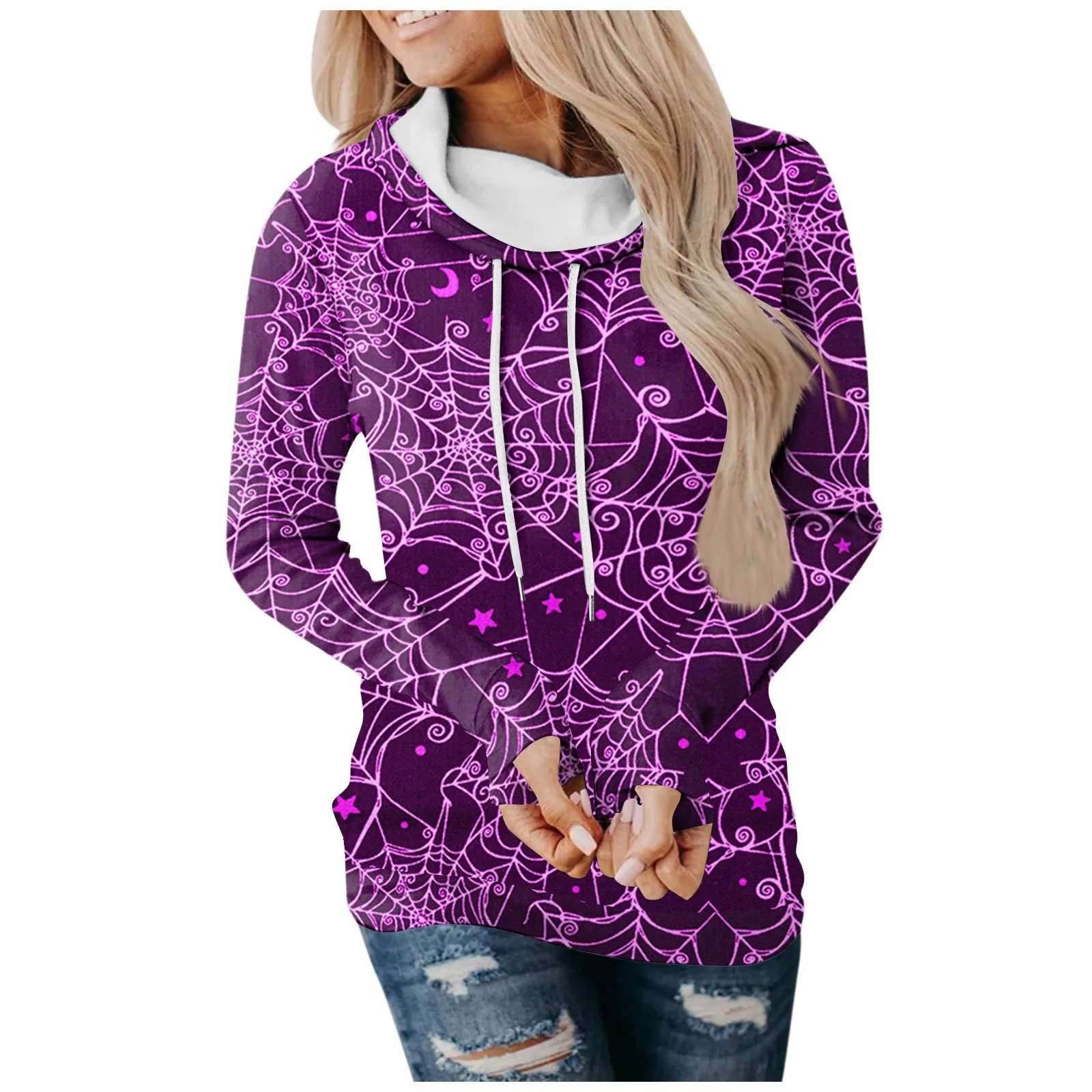 

Осенние флисовые толстовки для женщин, Повседневный пуловер с рисунком паука и паутины на Хэллоуин, свитшоты с забавным принтом, Женские винтажные Топы
