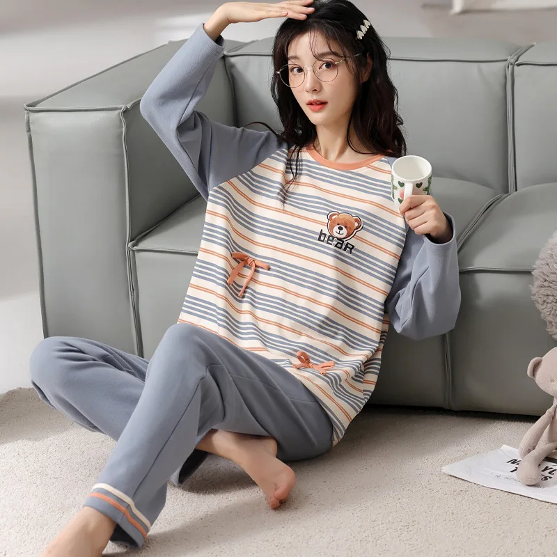 Yasuk Spring Autumn Women's Casual Soft Sleepwear Homewear Couple Pajamas Set With Pants Simple Striped Patchwork Bear Unisex