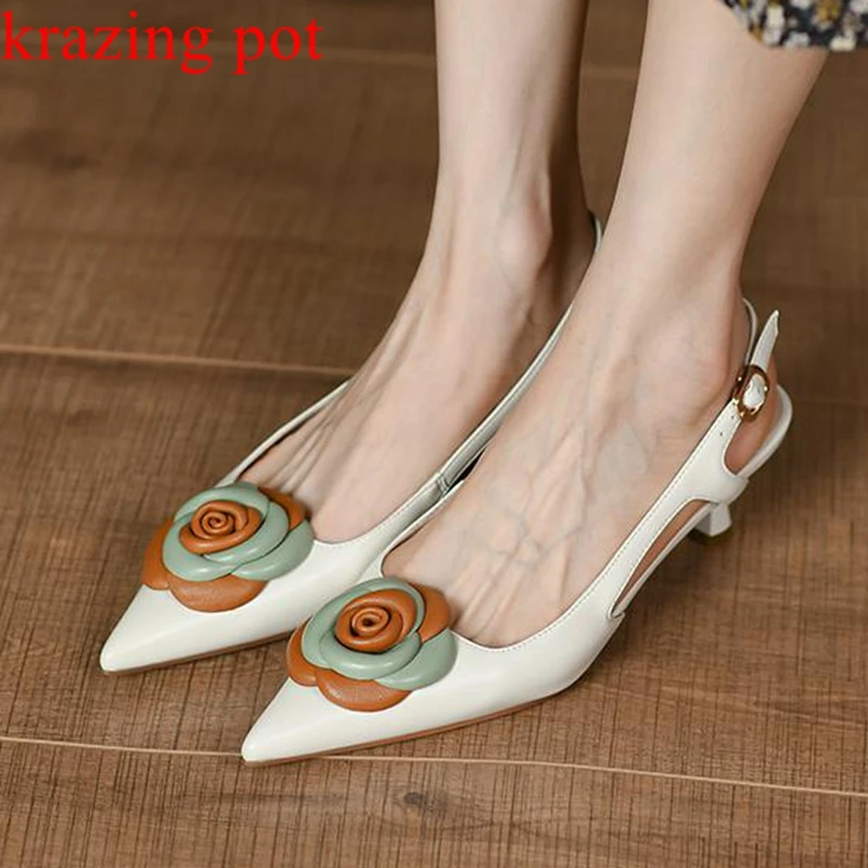 

Krazing Pot cow leather three-dimensional flowers stiletto med heels pointed toe summer shoes women buckle straps shallow pumps