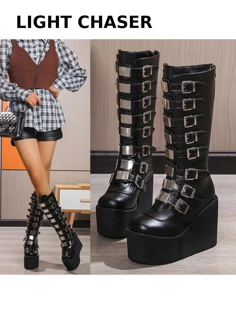 

Plus Size 43 Design Platform Thick Heel Mid Calf Boots WOOTS PUNK COTHIC BLACK BLACKLKLE ShOES WOMAN High Boots Women's Boots
