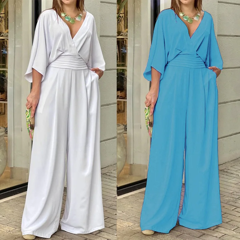 Женский комбинезон свободный с короткими рукавами v-образным вырезом высокой