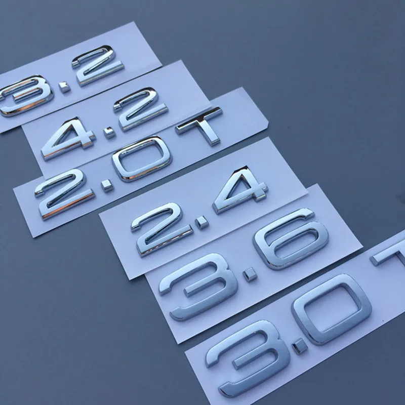 

Silver Chrome Emblem for Audi 1.8T 2.0T 2.4 3.0T 3.2 3.6 A3 A4 A5 A6L A7 A8L Q3 Q5 Q7 Four Wheel Drive Car Trunk Logo Sticker