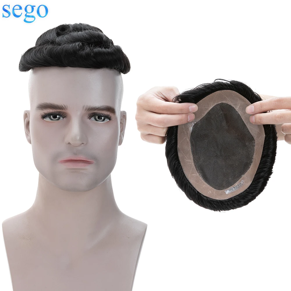 SEGO 6x8 7x9 8x10  Durable Men Toupee Fine Mono NPU Men's Capillary Prothesis Indian Human Hair System Wave Wig Natural Hairline