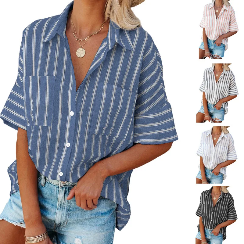 

Fashion Women Blouses Spring Summer Lapel Striped Printed Button Half Sleeve Loose Cardigan Pocket Single Breasted Casual Shirt