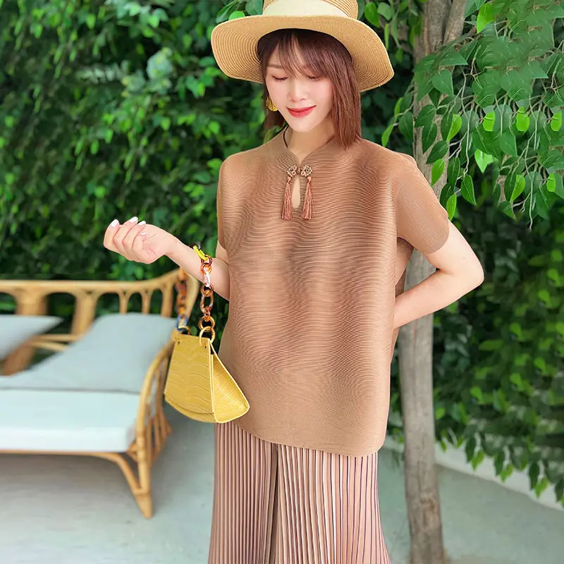 

Женская свободная футболка со складками, яркая Однотонная футболка с воротником-стойкой и коротким рукавом, 2023