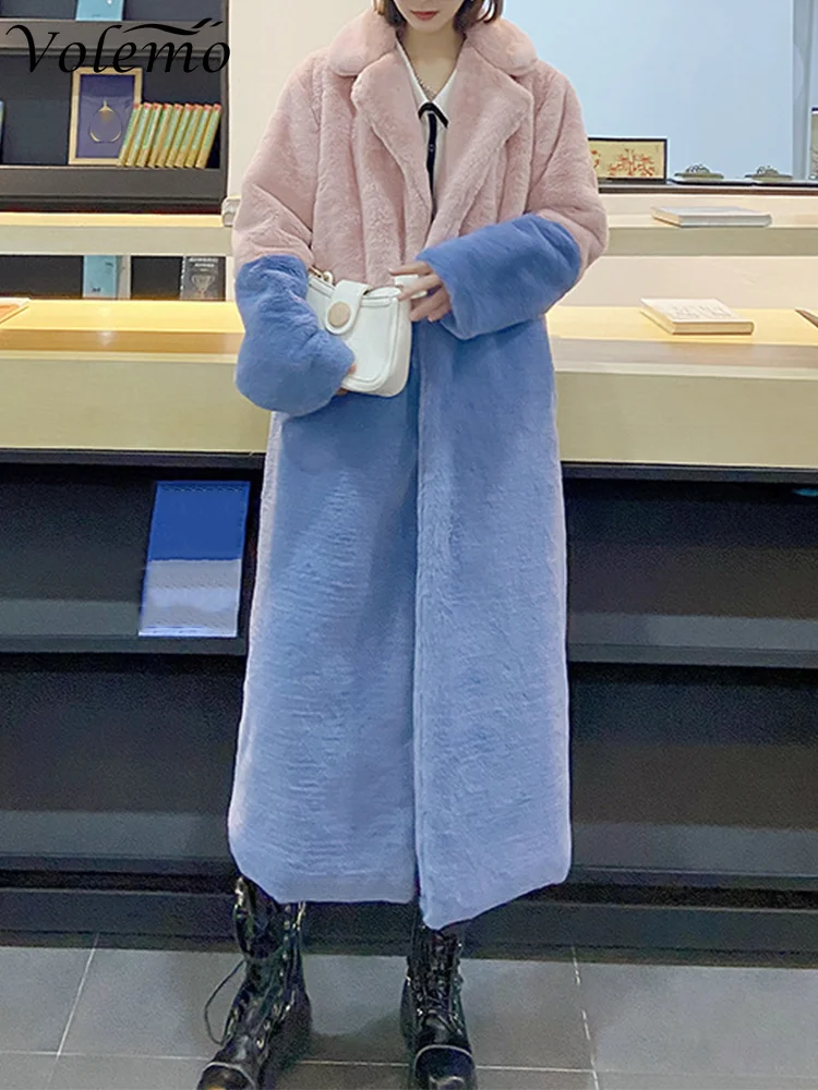 Volemo 2023 Winter Women High Quality Faux Rabbit Luxury Long Fur Coat Lapel OverCoat Thick Warm Female Plush Jacket Plus Size