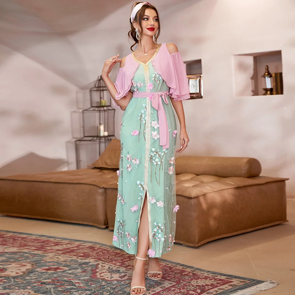 Рамадан Eid Abaya Дубай, Турция мусульманское арабское платье с 3D цветами и открытыми плечами Caftan платья для женщин Caftan Robe Musulmane