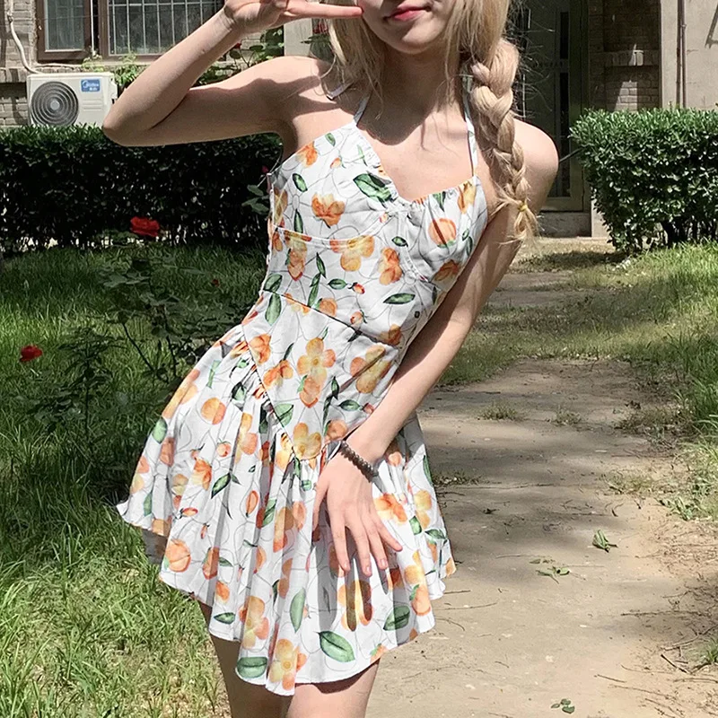 

Women's 2021 Spring and Summer New Sexy Solid Color High-waist Fashion Printing Strap Hanging Neck Bohemian Style Dress Women