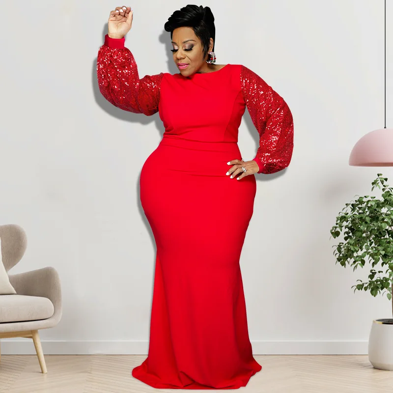 Plus Size Dresses Solid Long Sleeve Beaded Sleeve Sexy Slim Female Fishtail Skirt Long Skirt Party Dresses Evening Dresses Full