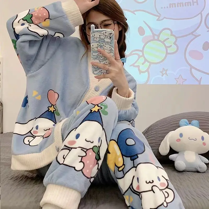 Winter Warm Women Cardigan Cartoon Coral Velvet  Loose Pajamas Suit Long Sleeve Flannel Sleepwear Set Cute Home Wear Clothes