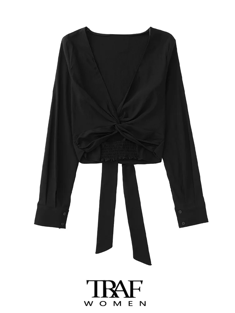 

Блузка женская льняная с бантом, V-образным вырезом и длинным рукавом