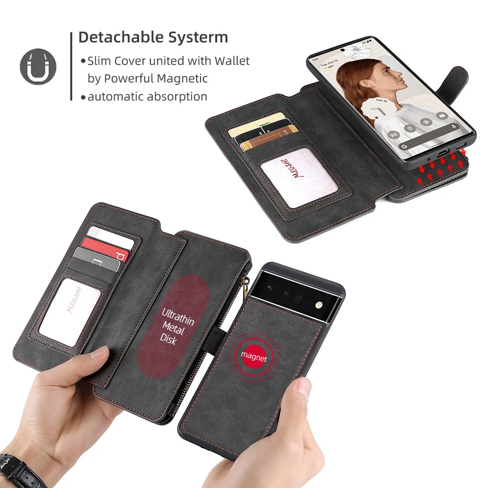 Megshi Detachable Flip Leather Phone Cases For Google Pixl 7 6 6a Pixl7 Pro Xl Business Wallet Phone Cover Case Bag